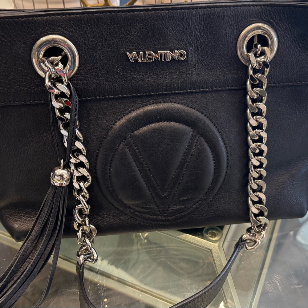 Valentino Black Leather Chain-Handle Shoulder Bag with Tassel